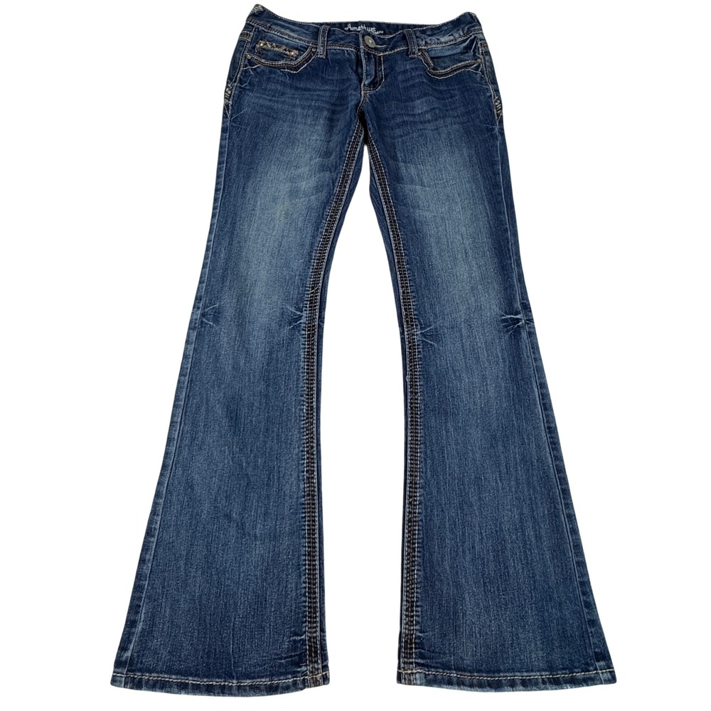 Y2K Amethyst Flare Leg Low‎ Rise Jeans Embroidered Pockets Women's 7 Grunge